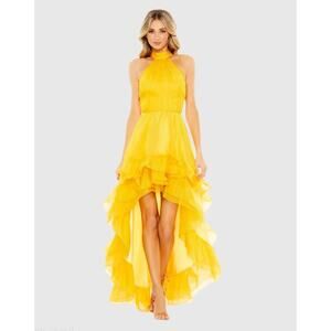 IEENA For Mac Duggal Ruffle Tiered High Low Pleated Halter Neck Gown Gold 6